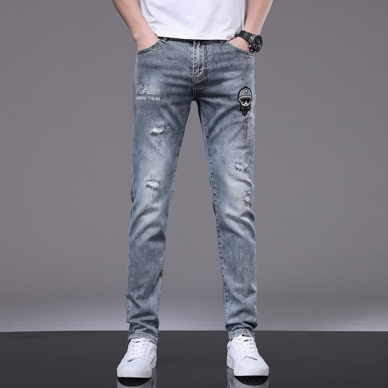 HIGH-END LIGHT LUXURY RIPPED EMBROIDERED JEANS MENS TRENDY BRAND PRINT HOT DIAMOND SLIM FOOT PANTS NEW AUTUMN STYLE