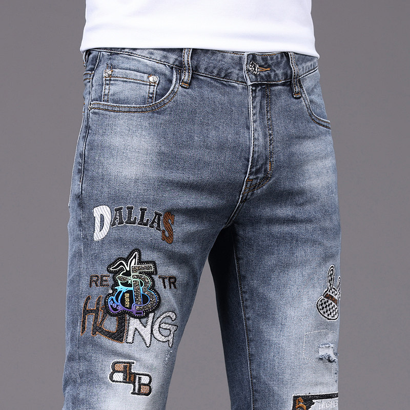 HIGH-END LIGHT LUXURY RIPPED EMBROIDERED JEANS MENS TRENDY BRAND PRINT HOT DIAMOND SLIM FOOT PANTS NEW AUTUMN STYLE