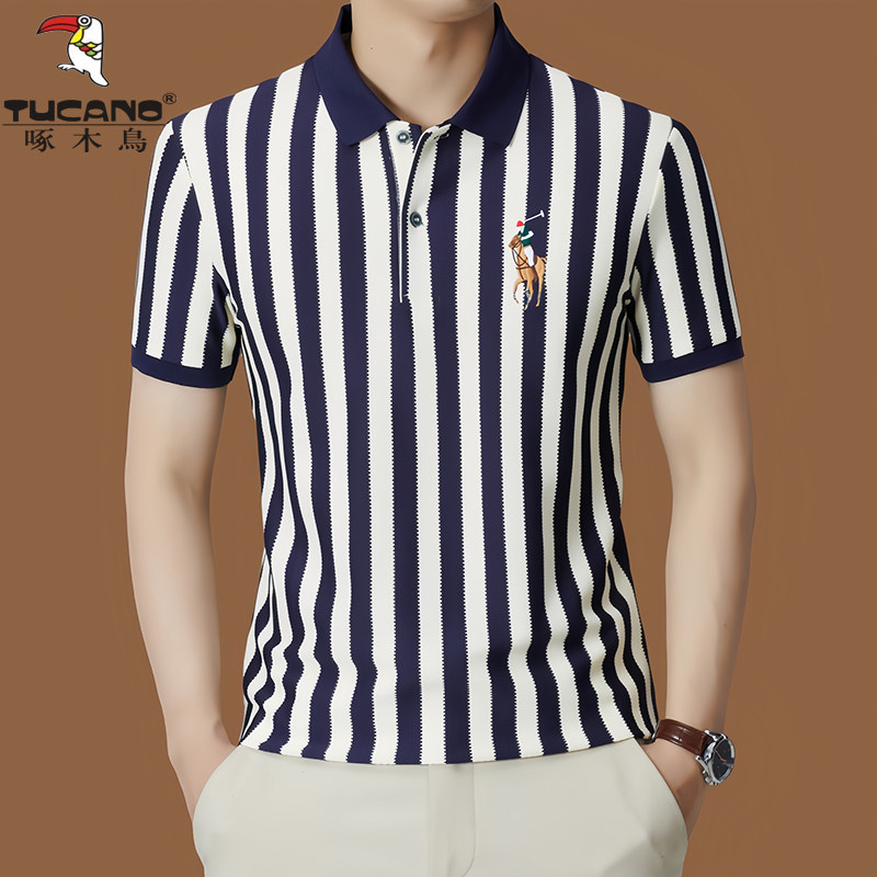 啄木鸟冰丝短袖t恤男2025新款高端潮流百搭翻领宽松桑蚕丝polo衫