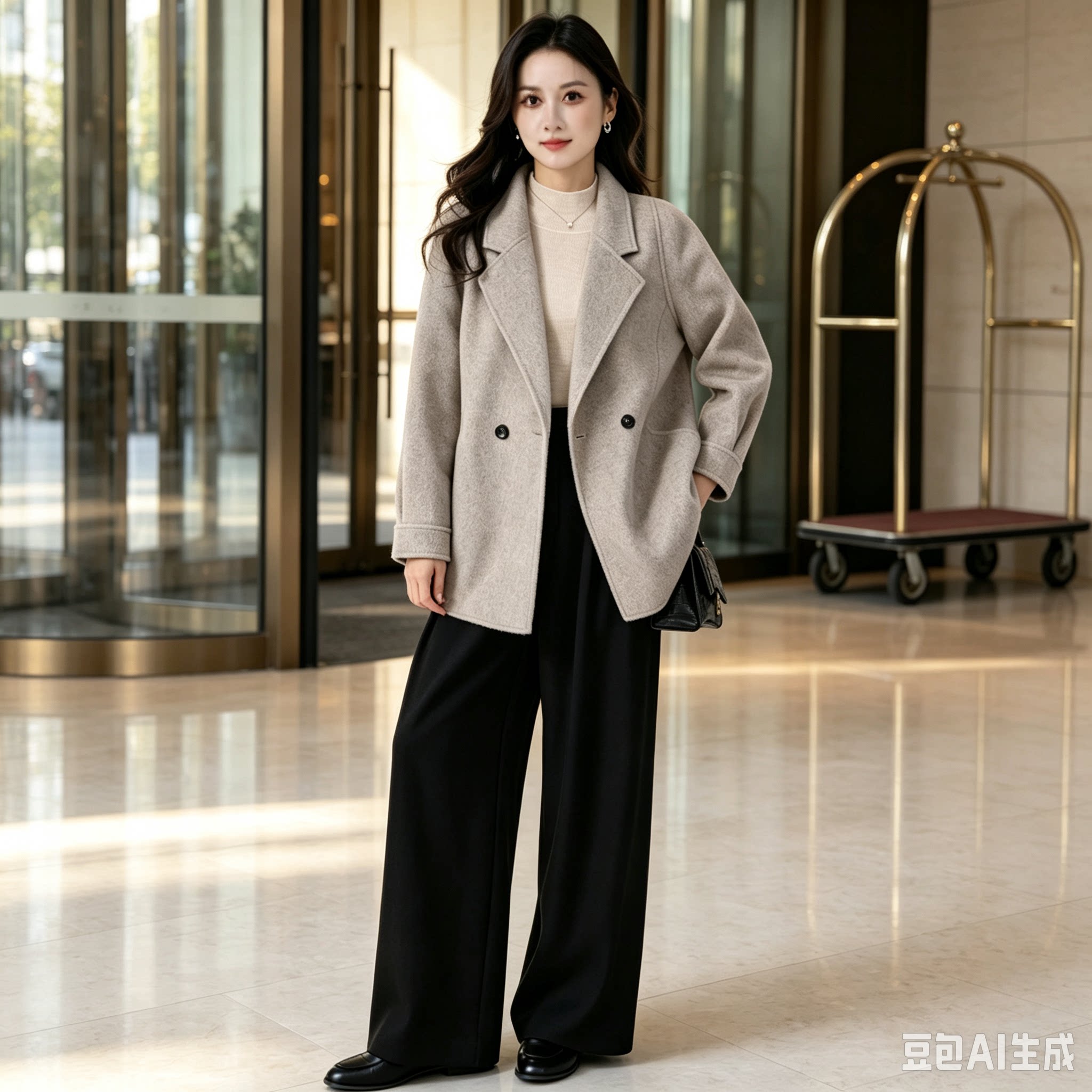 2026款中长款西装领落肩袖宽版毛呢外套大衣女秋冬高级感气质上衣
