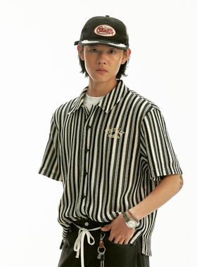 化学制品 气质满分条纹针织短袖衬衫 S1_BLK/WHT_SHIRT