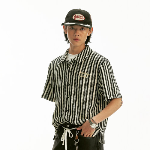 化学制品 气质满分条纹针织短袖衬衫 S1_BLK/WHT_SHIRT