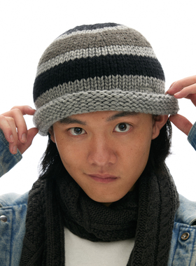 化学制品 条纹卷檐针织帽 C4_BLK/GRY/CRM_BEANIE