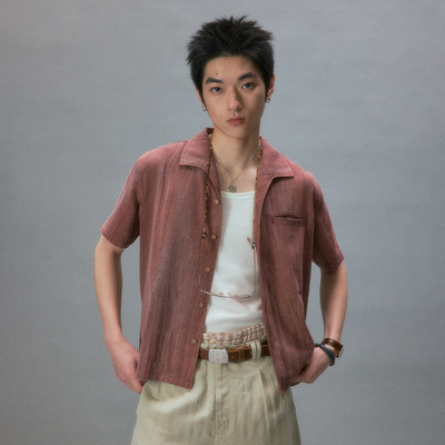 化学制品 70's 鳐鱼领 古法植物染 短袖衬衫  S1_BLU/RED_SHIRT