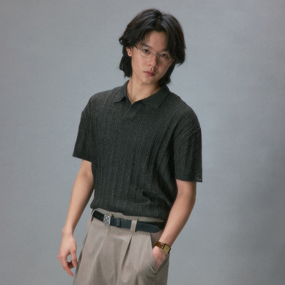 化学制品 木村拓哉的条纹针织Polo衫  S4_DGY/LGY_POLO