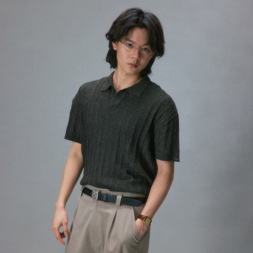 化学制品 木村拓哉的条纹针织Polo衫  S4_DGY/LGY_POLO