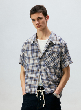 化学制品 玩具店员的蓝色格纹短袖衬衫 S2_BLU/BWN_SHIRT