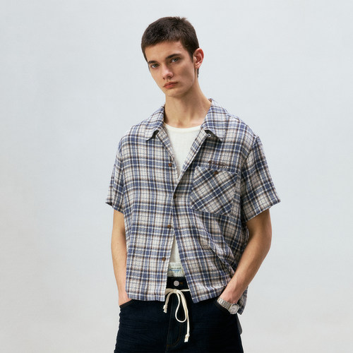 化学制品 玩具店员的蓝色格纹短袖衬衫 S2_BLU/BWN_SHIRT