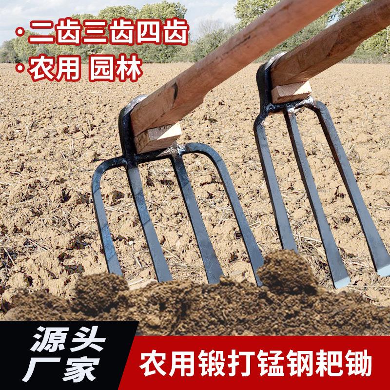 铁耙锄四齿锄头园艺扁尖农用宽窄耙子松土种植农具2齿3齿锄头