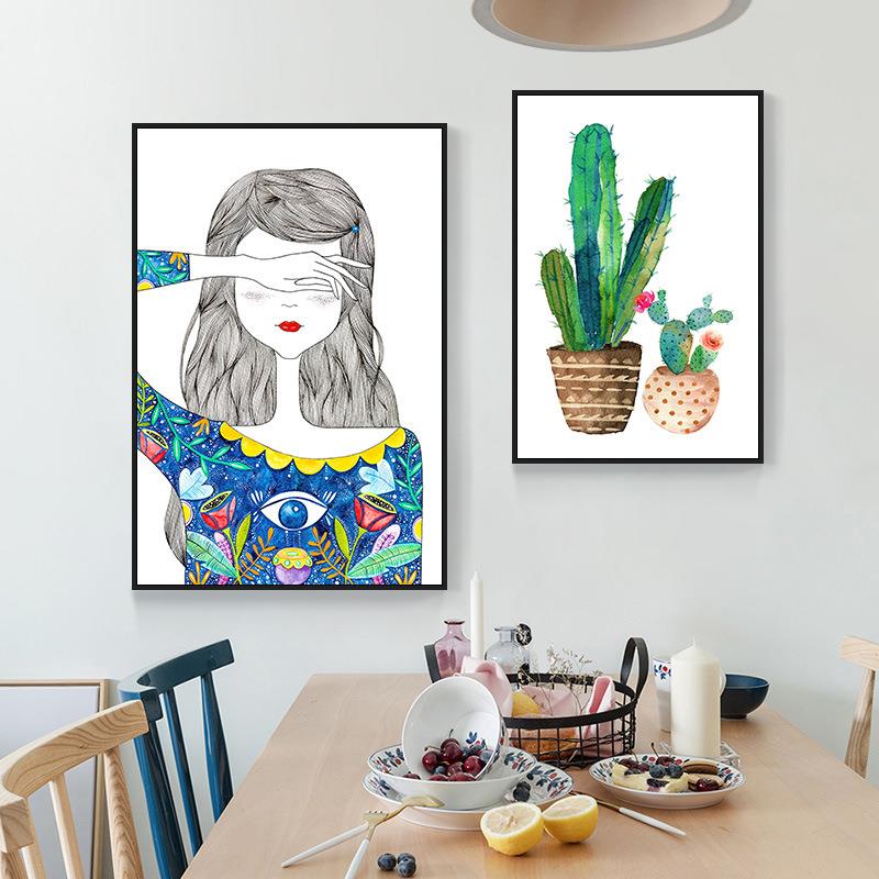现代北欧装饰画小清新晶瓷画女孩卧室床头画人物抽象画简约挂画图片