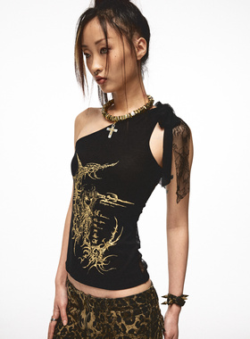 NONAME SPACE两色薄透弹力亲肤拼接蕾丝单肩印花背心