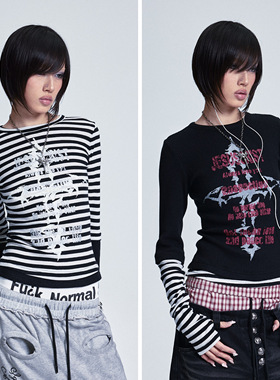 NONAME SPACE假两件高弹拼接条纹十字架印花堆堆长袖打底