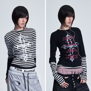 NONAME 打底 SPACE假两件高弹拼接条纹十字架印花堆堆长袖