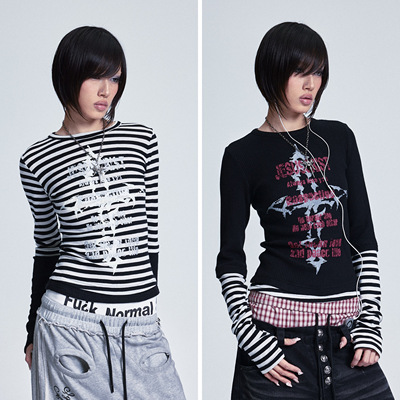 NONAME SPACE假两件高弹拼接条纹十字架印花堆堆长袖打底