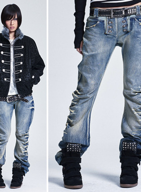 NONAME SPACE微弹重工做旧水洗堆堆宫廷风弯刀牛仔裤