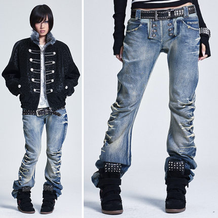NONAME SPACE微弹重工做旧水洗堆堆宫廷风弯刀牛仔裤