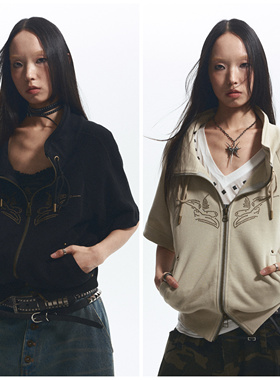 NONAME SPACE 宽松正反多裁片拼接立领烫钻双开口袋短袖卫衣