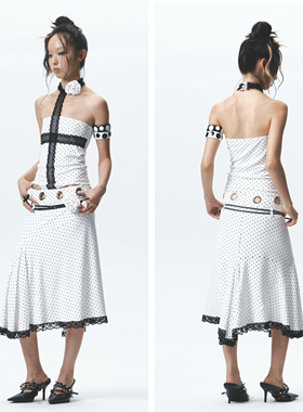 NONAME SPACE纯棉高弹显瘦波点抹胸挂脖背心半身裙套装