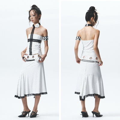 NONAME SPACE纯棉高弹显瘦波点抹胸挂脖背心半身裙套装