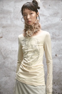 NONAME SPACE两色亲肤弹力拼接毛边无锁边大领口印花长袖