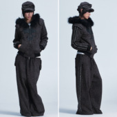 宽松垫肩豹纹皮贴狐毛领毛绒连帽卫衣休闲裤 SPACE 套装 NONAME