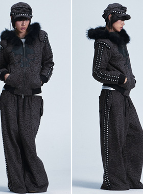 NONAME SPACE 宽松垫肩豹纹皮贴狐毛领毛绒连帽卫衣休闲裤套装