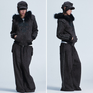 套装 宽松垫肩豹纹皮贴狐毛领毛绒连帽卫衣休闲裤 SPACE NONAME