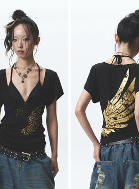 NONAME SPACE“战损天使”金色植绒印花高弹显瘦短袖t（赠胸衣）