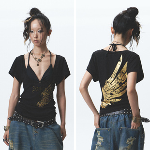 SPACE 赠胸衣 战损天使 金色植绒印花高弹显瘦短袖 NONAME