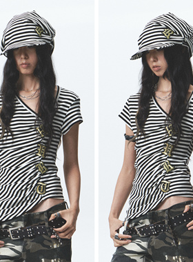 NONAME SPACE高弹亲肤条纹不对称刺绣短袖t