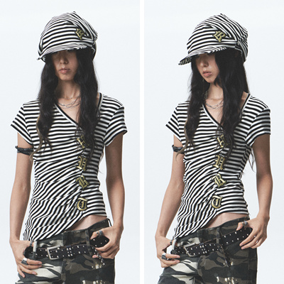 NONAME SPACE高弹亲肤条纹不对称刺绣短袖t