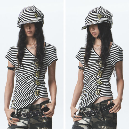 NONAME SPACE高弹亲肤条纹不对称刺绣短袖t