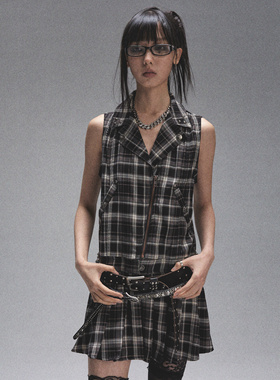 NONAME SPACE棉质无弹格纹翻领无袖衬衫百褶连衣裙