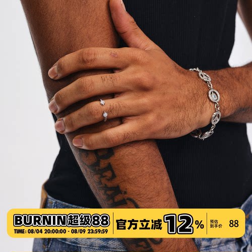 BURNIN*小火苗锆石开口戒指环开口复古做旧个性字母时尚情侣饰品