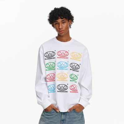 火焰骷髅彩标长袖T恤美式