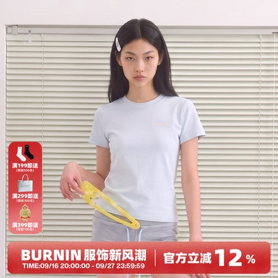 BURNIN*火焰横排LOGO侧胸标女装短袖T恤休闲上衣修身简约圆领女生