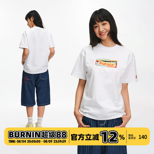 BURNIN*贴纸LOGO短袖T恤圆领宽松休闲上衣2026年春夏新款简约潮流