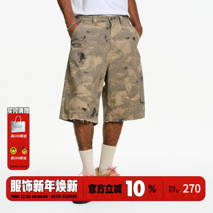 街头潮流宽松直筒五分裤 BURNIN 美式 男夏季 百搭 迷彩做旧休闲短裤