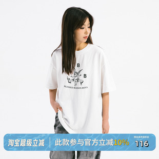 BBB天使印花简约宽松圆领短袖 BURNIN T恤全棉创意休闲基础上衣