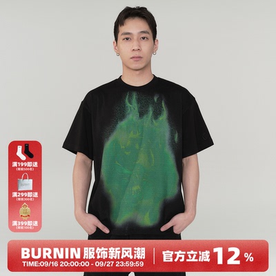 BURNIN*星火火焰幽灵印花短袖T恤复古宽松休闲夏季情侣国潮牌上衣