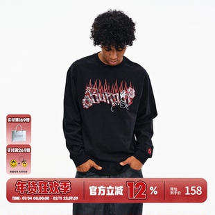 BURNIN*蕾丝花朵贴布绣长袖T恤男女秋冬时尚基础百搭情侣款上衣潮