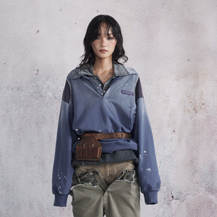 BURNIN*「为人民博宁」吊染泼墨POLO领卫衣撞色休闲宽松长袖上衣