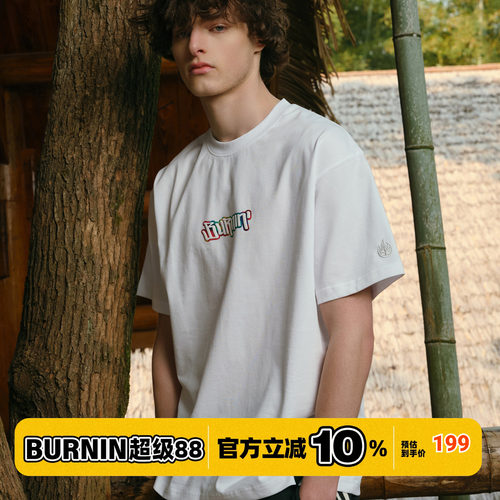BURNIN*横排LOGO发泡印花短袖T恤男女宽松基础百搭校园情侣上衣潮