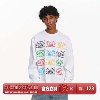 火焰骷髅彩标长袖T恤美式