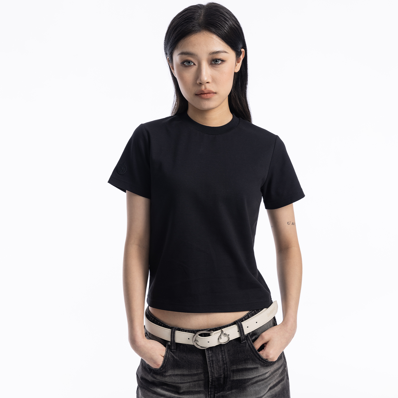 PINK BURNIN*纯色普款短袖T恤宽松短款女洋气卡腰上衣