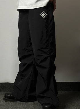 BURNIN*火苗飞镖褶皱纹理伞兵裤男女黑色基础百搭宽松阔腿长裤子