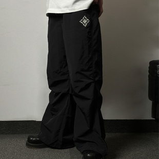 BURNIN*火苗飞镖褶皱纹理伞兵裤男女黑色基础百搭宽松阔腿长裤子