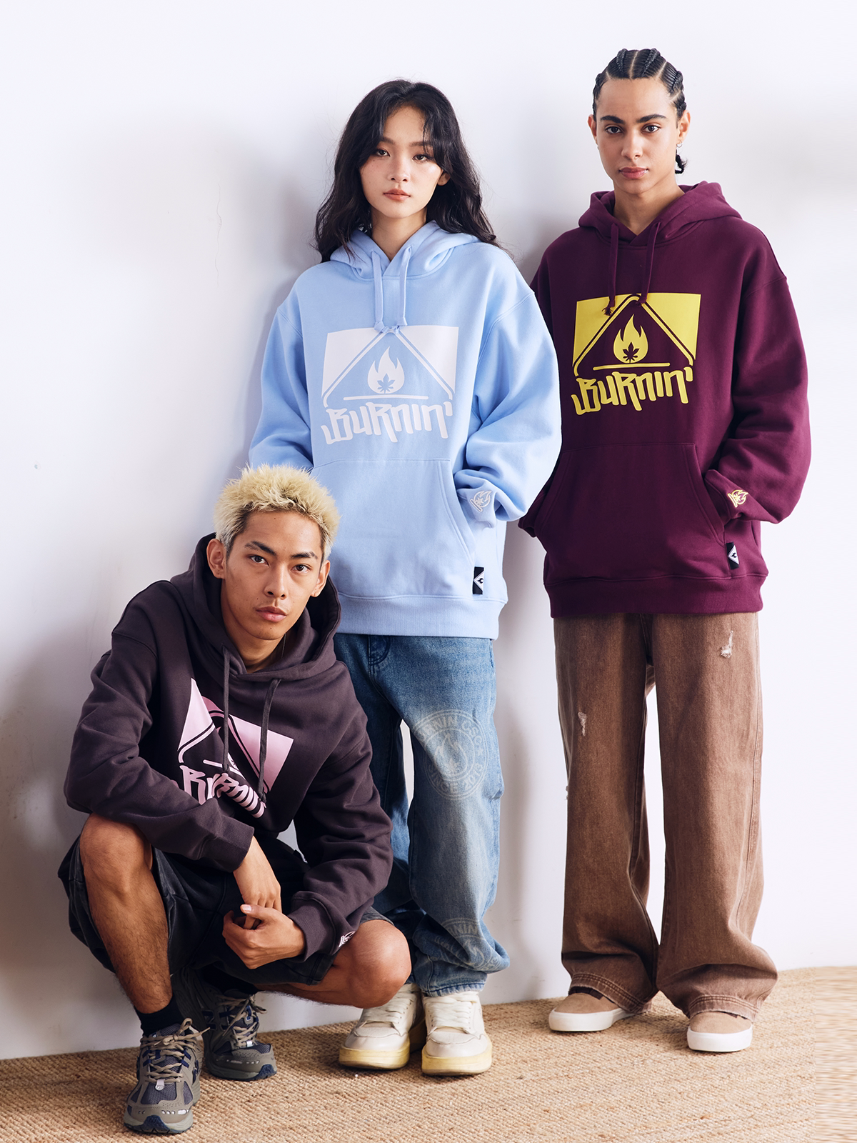 BURNIN* 스퀘어 로고 후드 스웨트셔츠[남성 및 여성용] 아메리칸 스트리트 루즈 후드티 탑 내셔널 트렌드 가을 겨울용 다용도