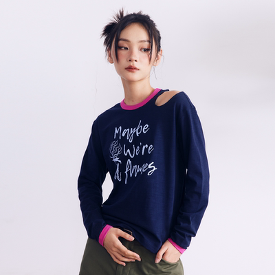 撞色罗纹露肩长袖T恤女