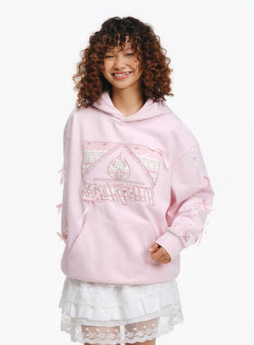 BURNIN*蝴蝶结贴布绣方片logo连帽卫衣情侣同款重磅休闲宽松帽衫